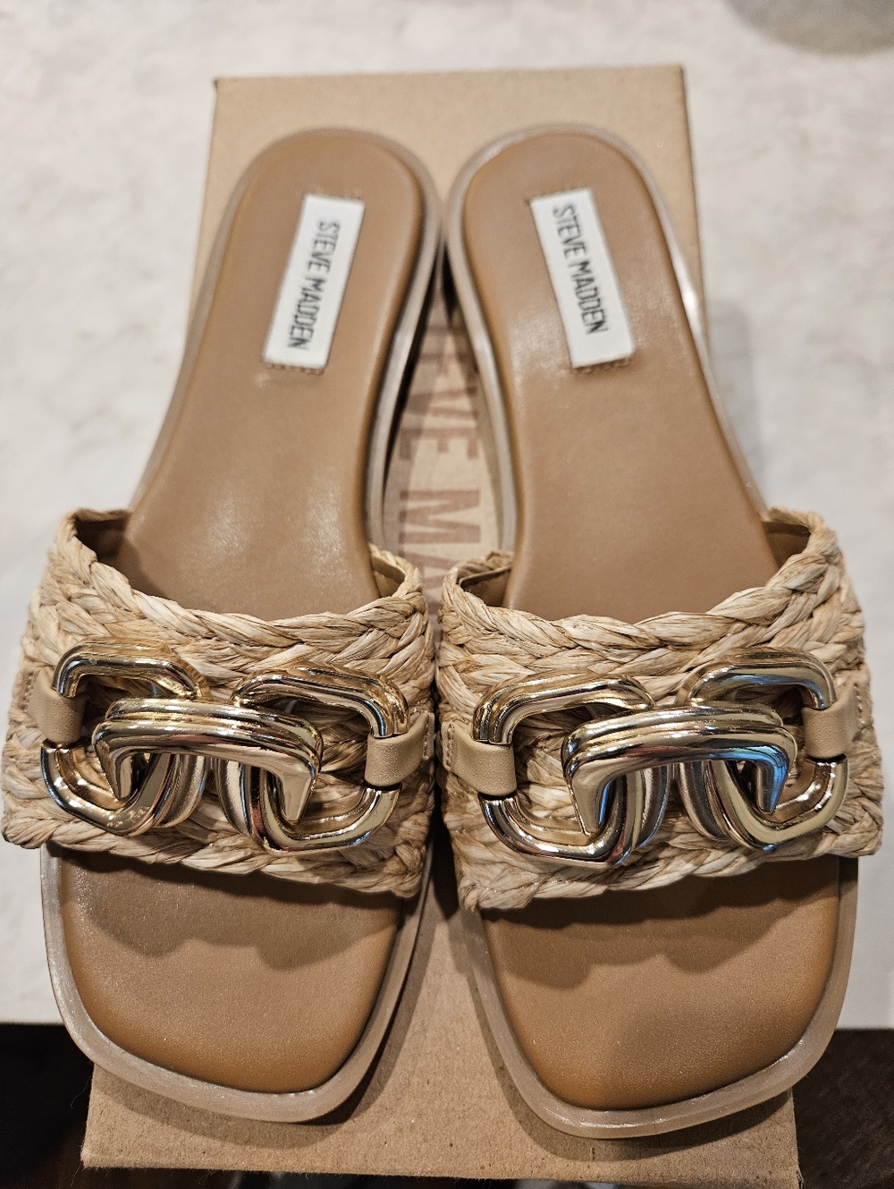 Steve Madden Gene Raffia Slide Sandals With Gold Buckle 8.5 Brand New!